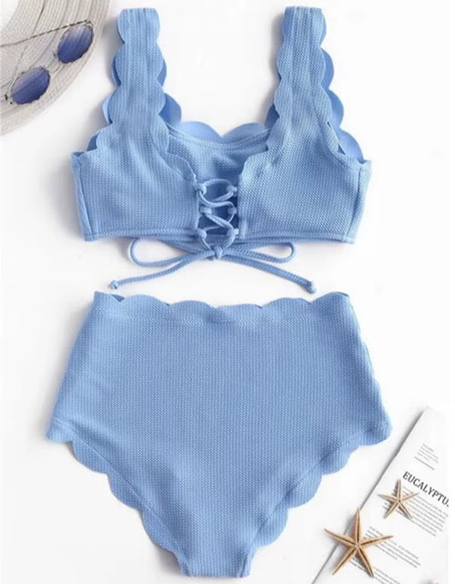Load image into Gallery viewer, Solid Blue Two Pieces Swimsuit Bathing Suits Bikini Women Scalloped Textured High Waisted Bikini Set Lace up Bathing Suits XXL

