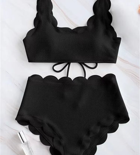 Solid Blue Two Pieces Swimsuit Bathing Suits Bikini Women Scalloped Textured High Waisted Bikini Set Lace up Bathing Suits XXL