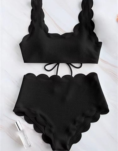 Load image into Gallery viewer, Solid Blue Two Pieces Swimsuit Bathing Suits Bikini Women Scalloped Textured High Waisted Bikini Set Lace up Bathing Suits XXL
