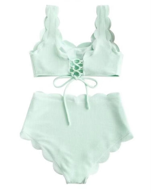 Load image into Gallery viewer, Solid Blue Two Pieces Swimsuit Bathing Suits Bikini Women Scalloped Textured High Waisted Bikini Set Lace up Bathing Suits XXL
