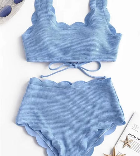Solid Blue Two Pieces Swimsuit Bathing Suits Bikini Women Scalloped Textured High Waisted Bikini Set Lace up Bathing Suits XXL