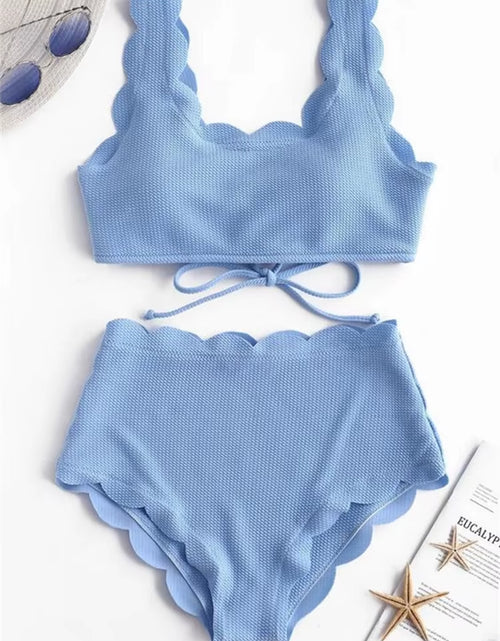 Load image into Gallery viewer, Solid Blue Two Pieces Swimsuit Bathing Suits Bikini Women Scalloped Textured High Waisted Bikini Set Lace up Bathing Suits XXL
