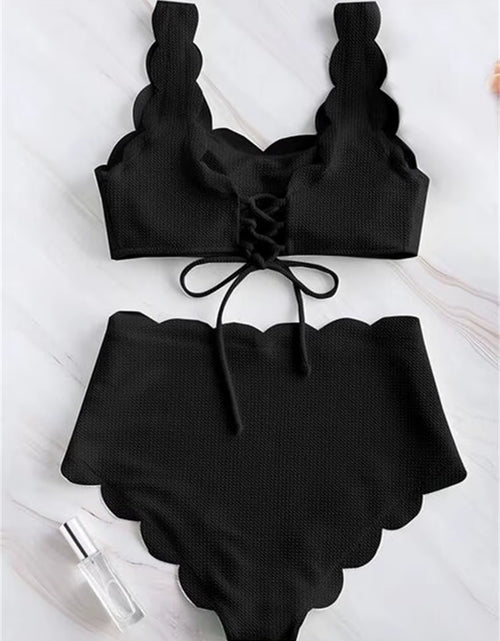 Load image into Gallery viewer, Solid Blue Two Pieces Swimsuit Bathing Suits Bikini Women Scalloped Textured High Waisted Bikini Set Lace up Bathing Suits XXL
