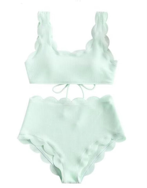 Load image into Gallery viewer, Solid Blue Two Pieces Swimsuit Bathing Suits Bikini Women Scalloped Textured High Waisted Bikini Set Lace up Bathing Suits XXL
