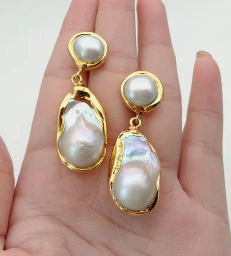 White Keshi Pearl Gold Color Plated Stud Earrings Nucleated Flameball Baroque Pearl Earrings Luxury Wedding for Women