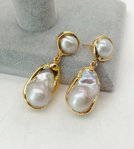 White Keshi Pearl Gold Color Plated Stud Earrings Nucleated Flameball Baroque Pearl Earrings Luxury Wedding for Women