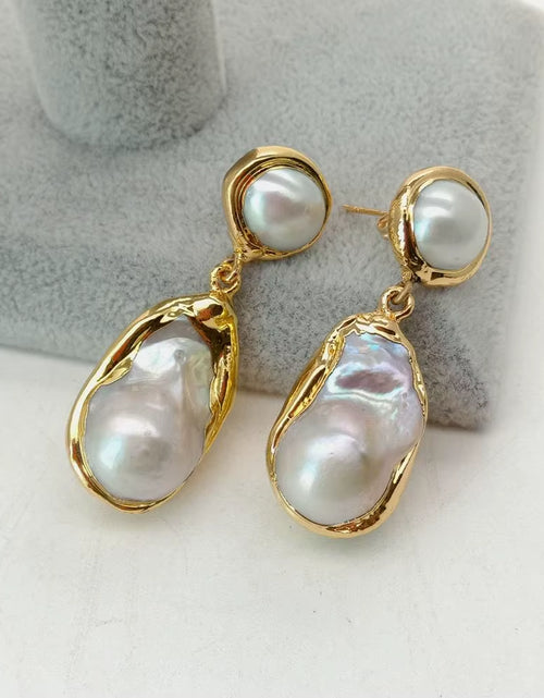 Load image into Gallery viewer, White Keshi Pearl Gold Color Plated Stud Earrings Nucleated Flameball Baroque Pearl Earrings Luxury Wedding for Women
